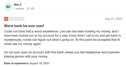 A negative Live Oak Bank review from a customer who has been locked out of their account for over a year. 