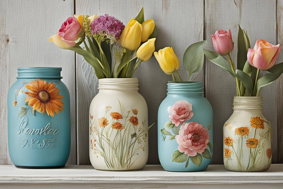 Painted glass jars used as vases