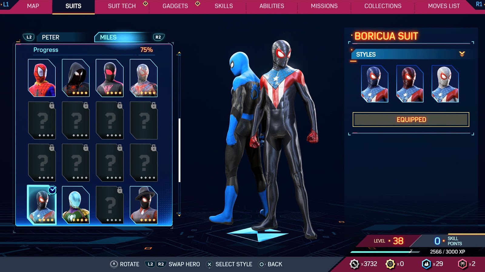 An in game screenshot of Miles Morales in the Boricua suit from the suit menu in Marvel's Spider-Man 2