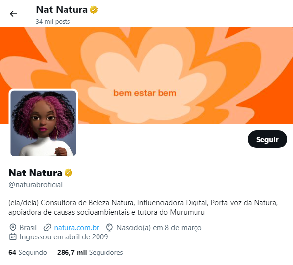 Perfil da Nat Natura no X - antigo Twitter.