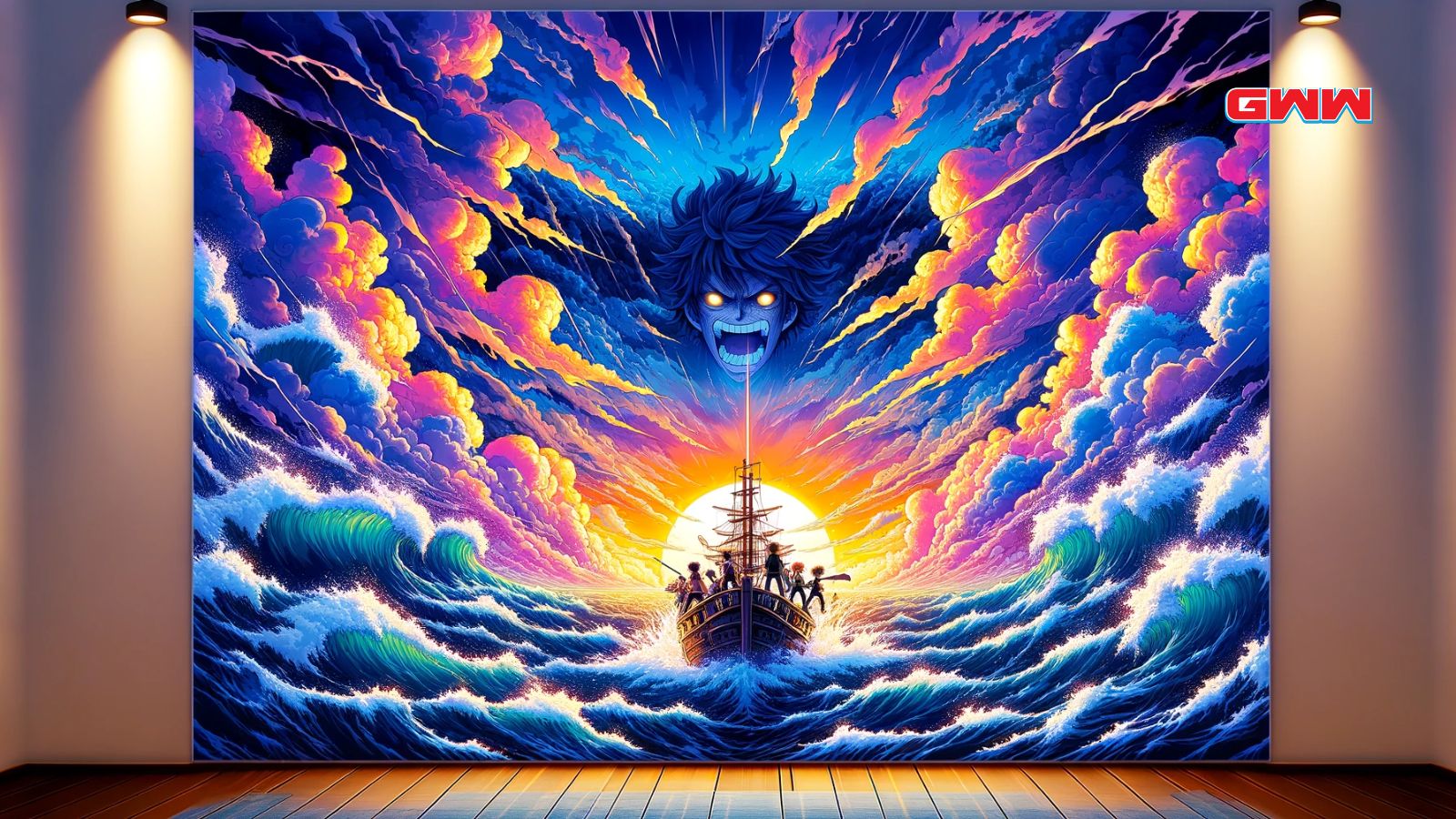 A vibrant and colorful anime-style depiction of a climactic scene featuring a group of anime characters on a ship