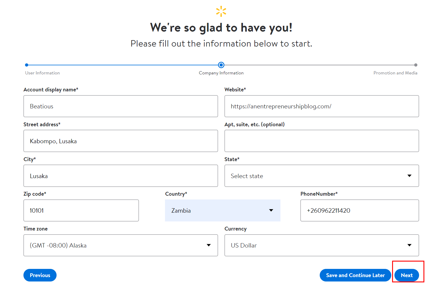Walmart - account creation page for company  information submission