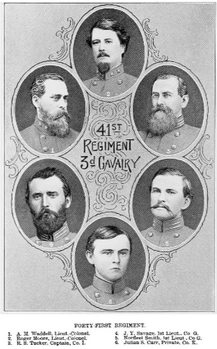 Numbered portraits of six men from the 41st regiment of the NC 3rd Cavalry.  Number 1 is A. M. Waddell.  He has a long groomed beard and is wearing a Confederate uniform.  He is listed as Lieutenant-Colonel.  Number 2 is Roger Moore.  He has dark hair with a Van Dyke style beard and mustache.  He is listed as Lieutenant-Colonel.
