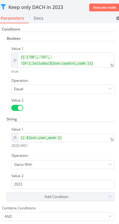 This Filter node verifies if the country code matches one of the DACH countries and if the year-week period is in 2023