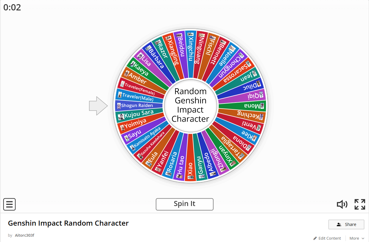 Wheel Spinning Random Genshin Character Generator