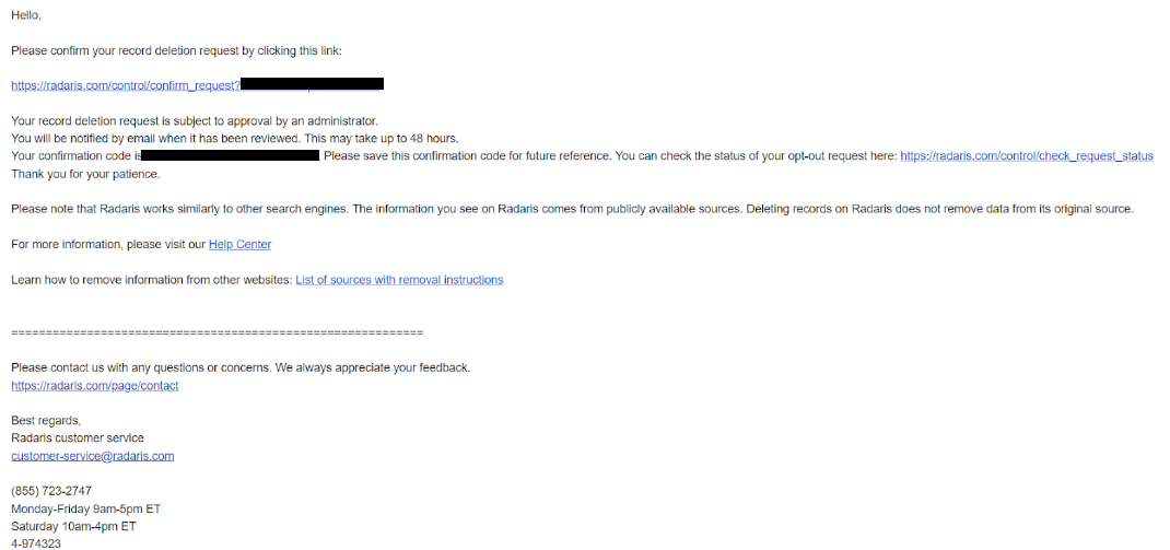 Radaris request confirmation email