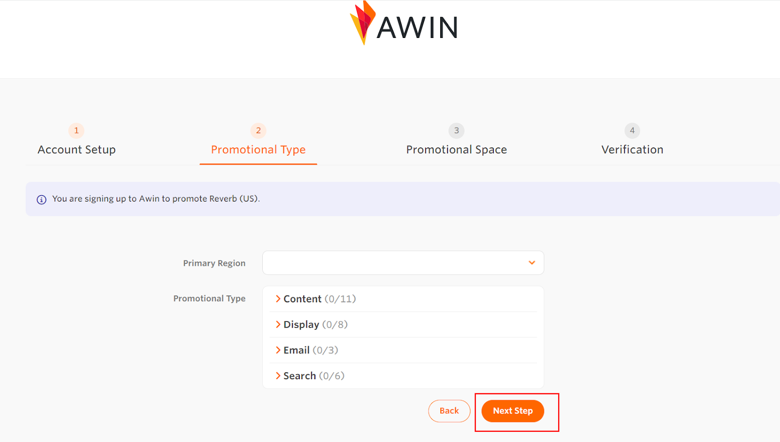 Awin account creation page - State the promotion type.
