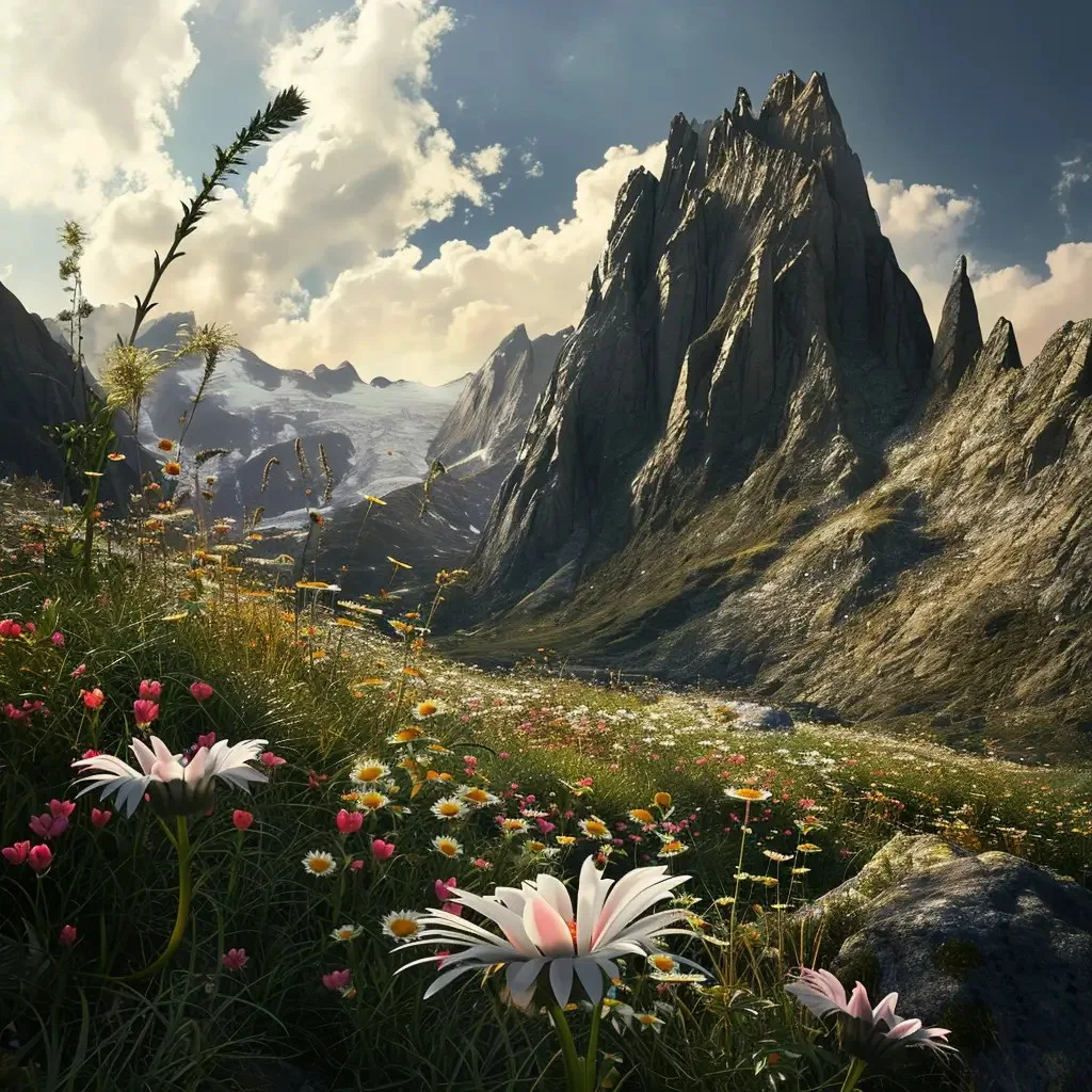 An alpine landscape featuring a rugged mountain peak with steep, dramatic cliffs. In the foreground, there's a lush meadow of vibrant wildflowers, with white and pink petals open towards the sky.