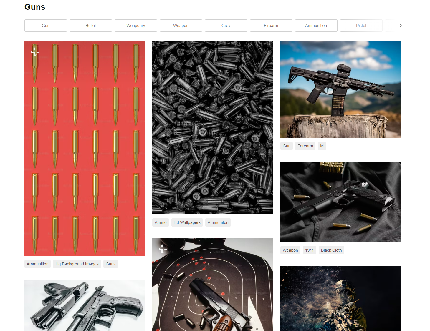 Screenshot from Unsplash showing results for the query "Guns"