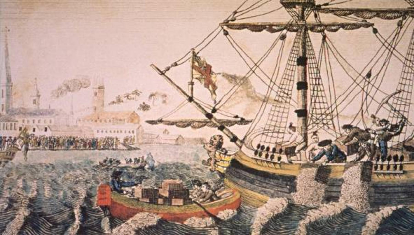 Artist rendering of the Boston Tea Party. People on a large ship destroy packages and throw cargo overboard into water while many other people watch from the shore. 