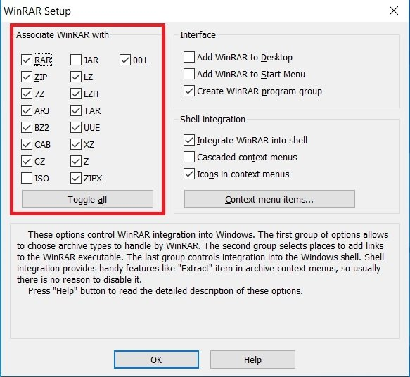 Enable the Associate WinRAR with options