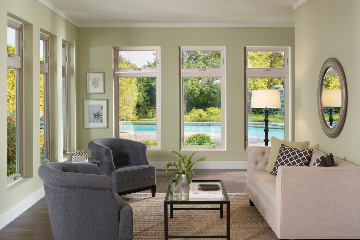 living room with casement windows