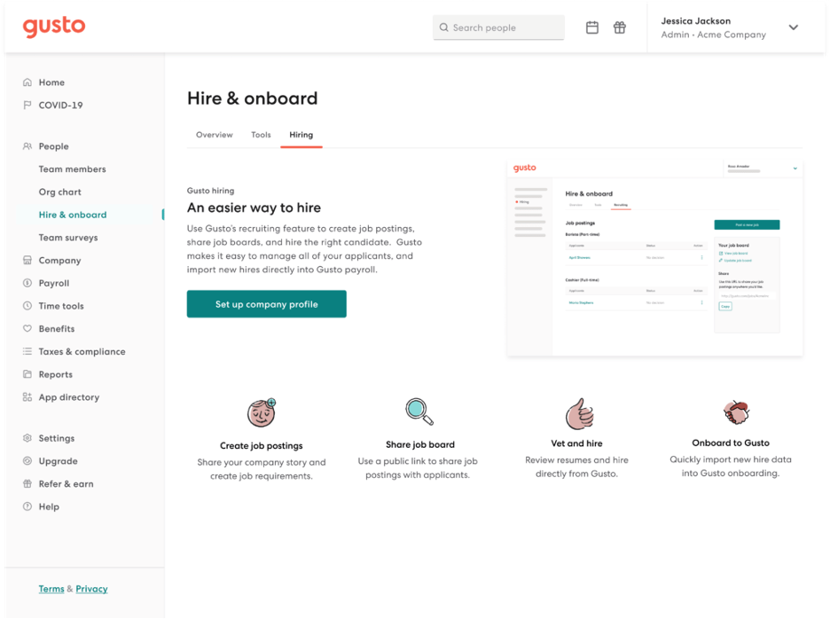 Hiring and Onboarding Tools feature with Gusto