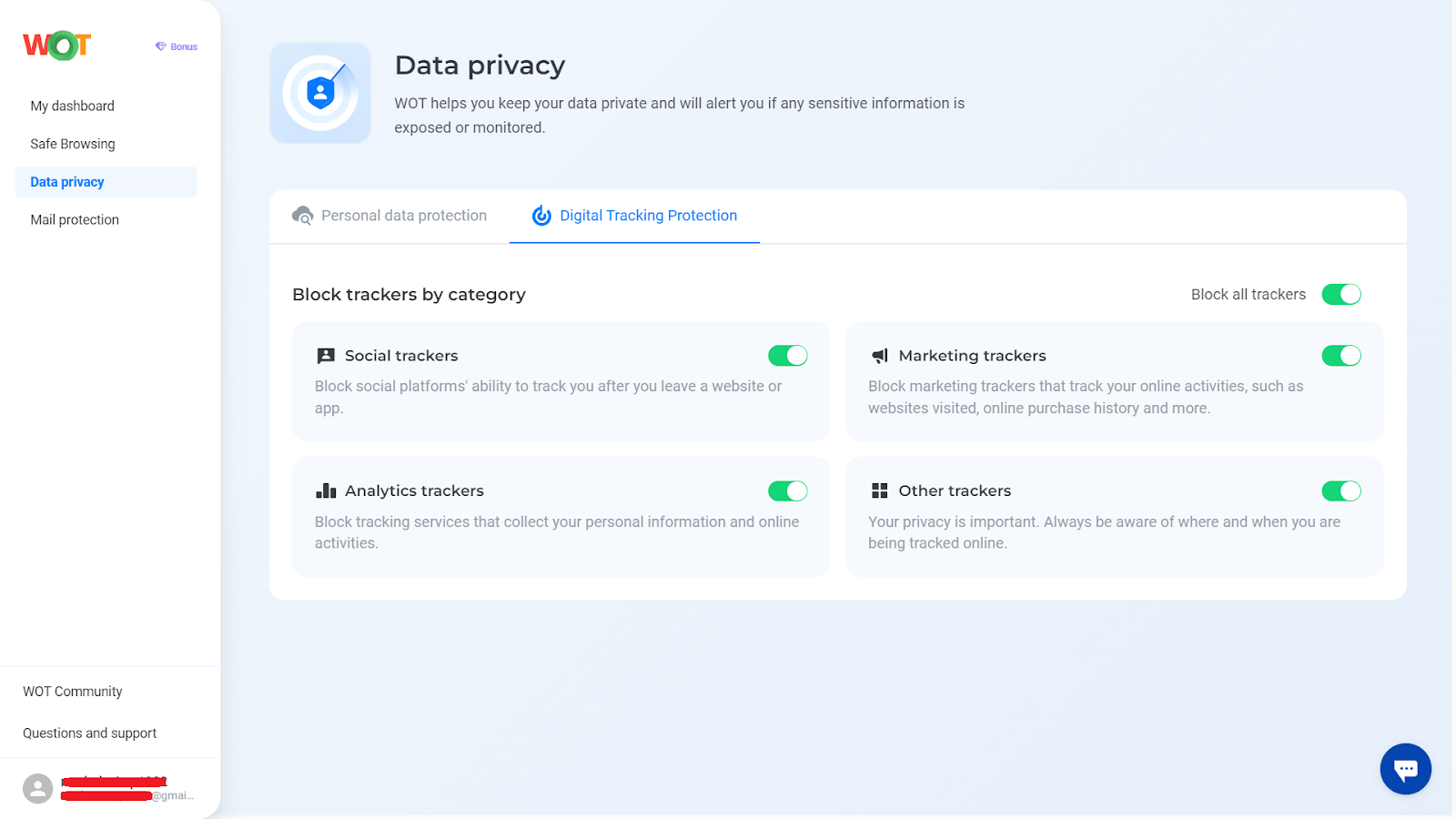 check to see where you are protected from digital tracking with WOT chrome extension