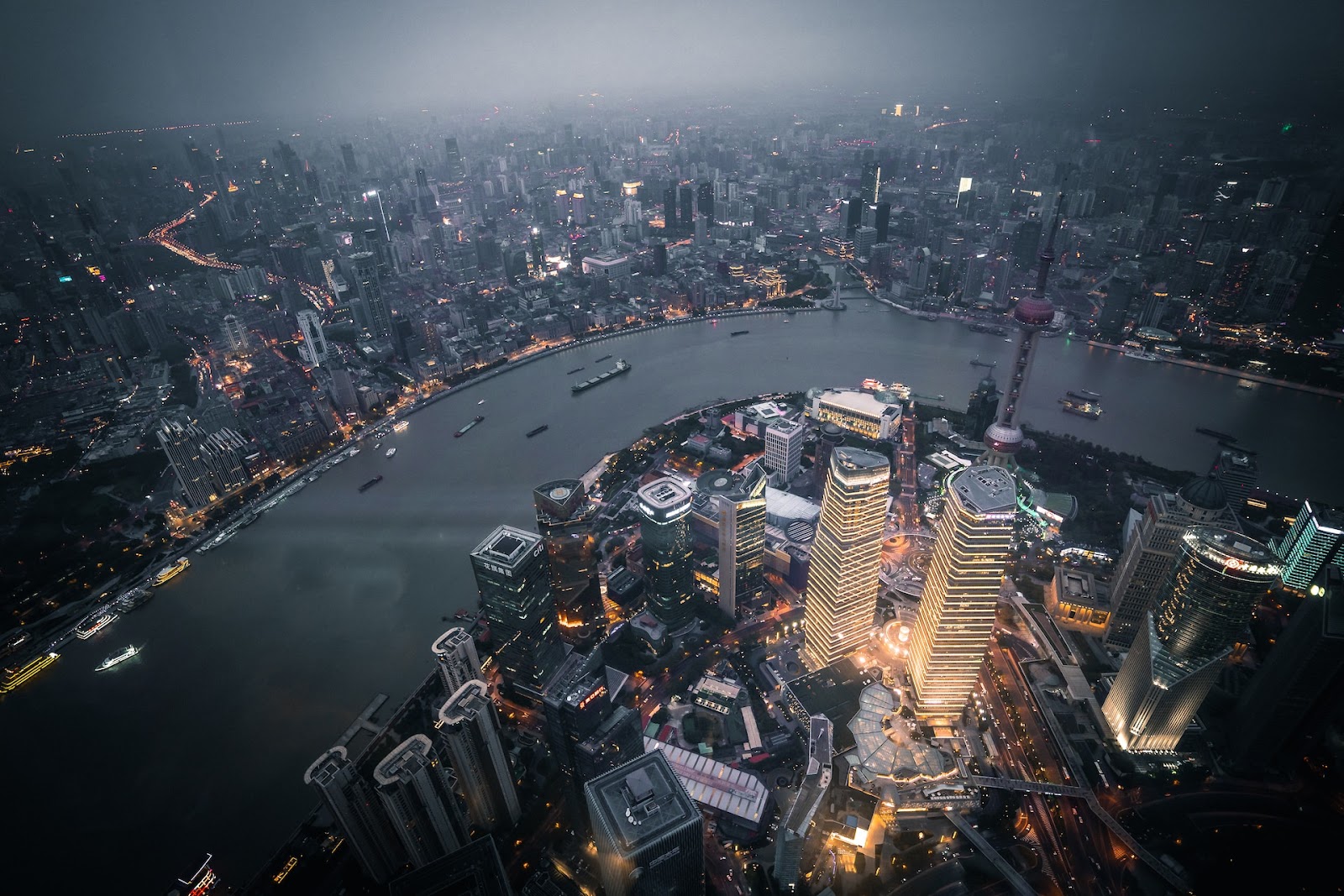 A top-down view of Shanghai, China at night to help students to learn directions in Chinese