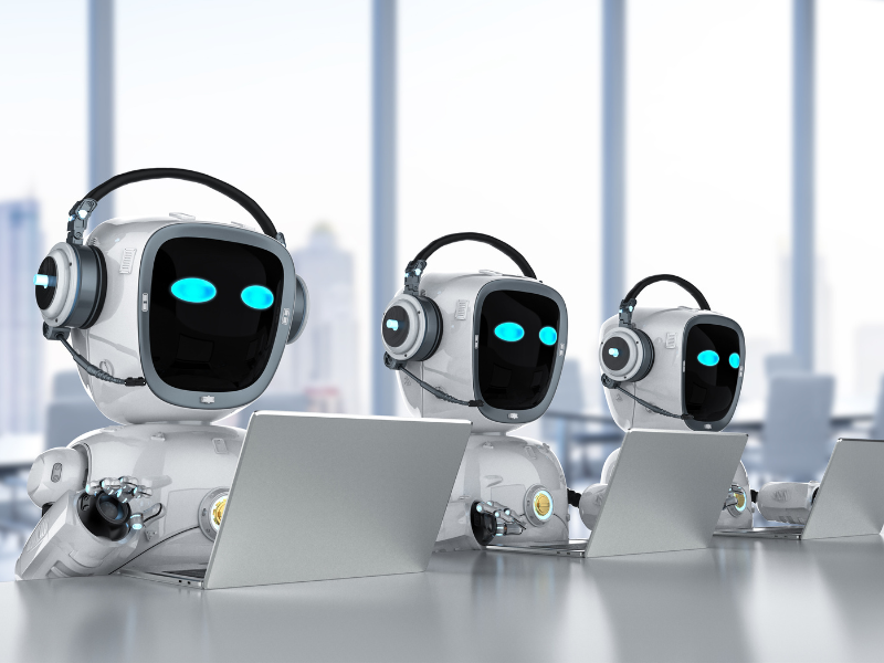 A group of AI chatbots sitting at a table in an office and answering customer service calls.