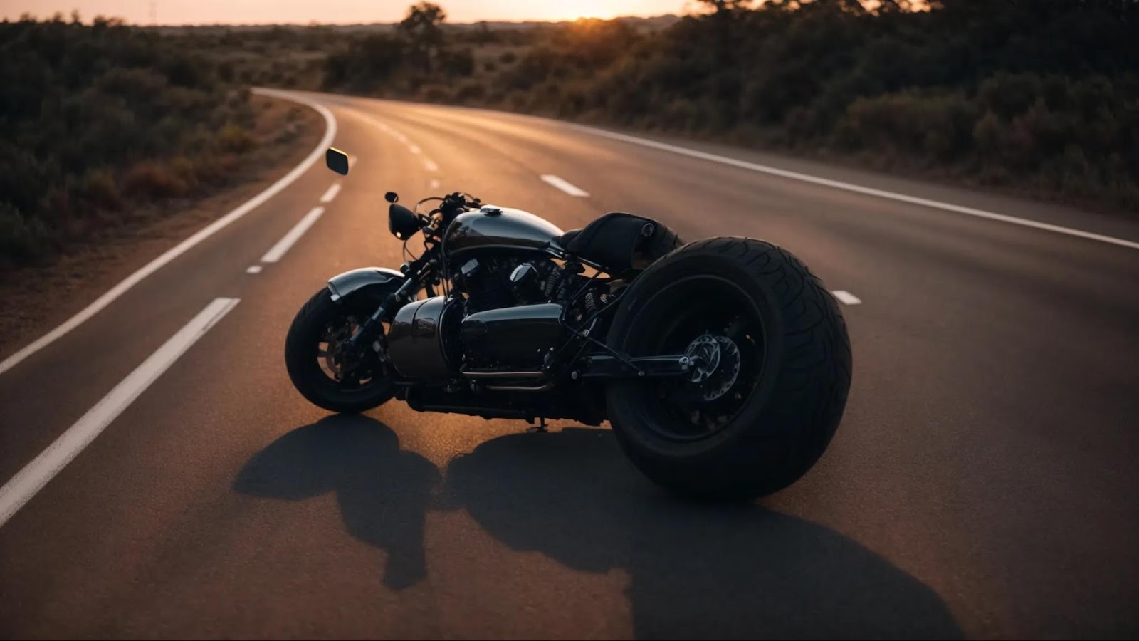 a motorcycle lying on its side in the middle of an empty road at dusk, its headlights dimly illuminating the surroundings.
