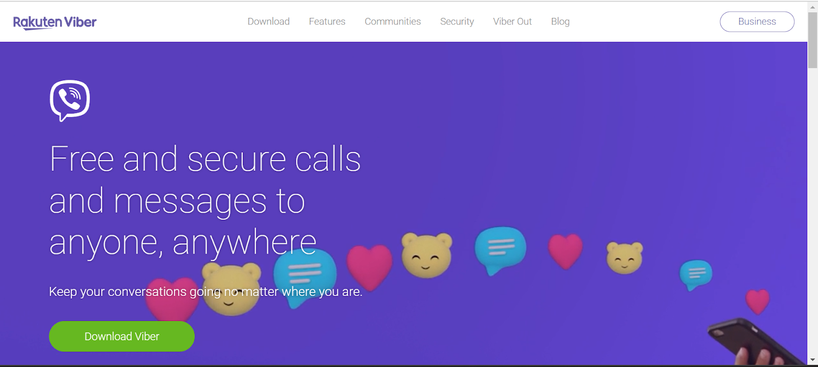 Viber website snapshot highlighting the services it offers.