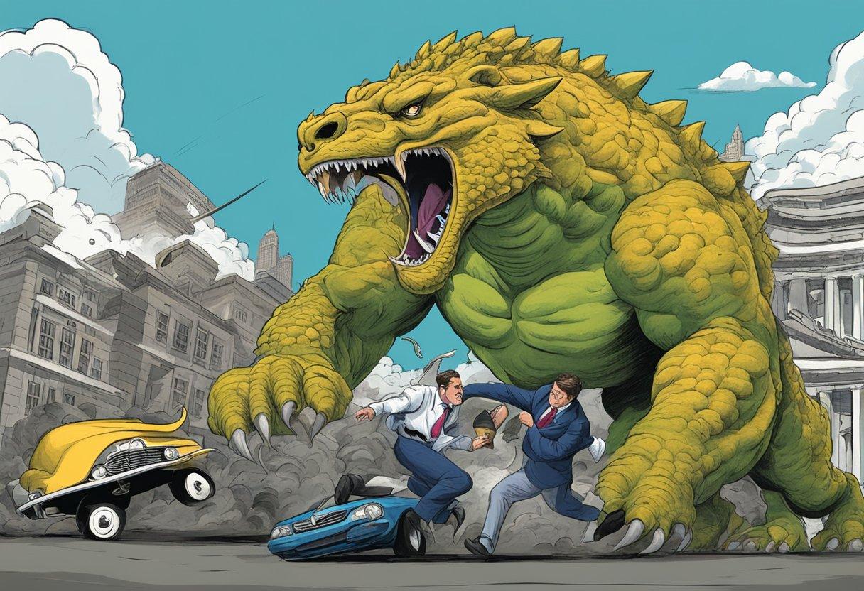 A cartoon of a monster chasing another monster

Description automatically generated