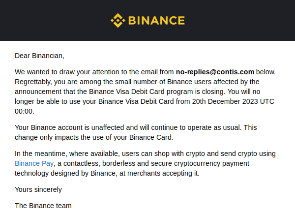 Screenshot of the email with the subject "Important Notice: Announcement to Binance Visa Debit Card Cardholders"