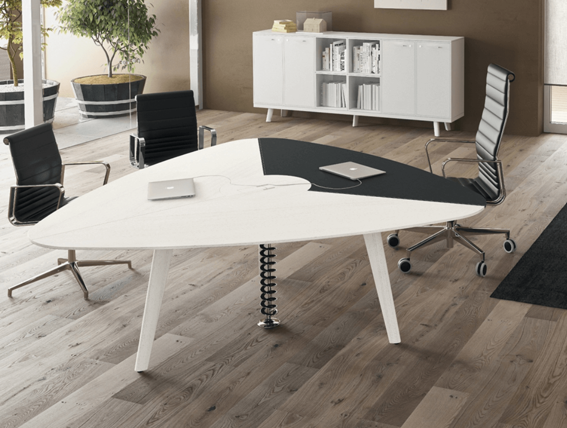 Black and white wooden table in triangular shape.