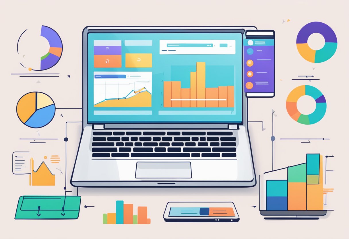 A laptop displaying SaaS influencer marketing strategies. Charts and graphs show engagement and reach metrics. Brand logos and influencer profiles are visible