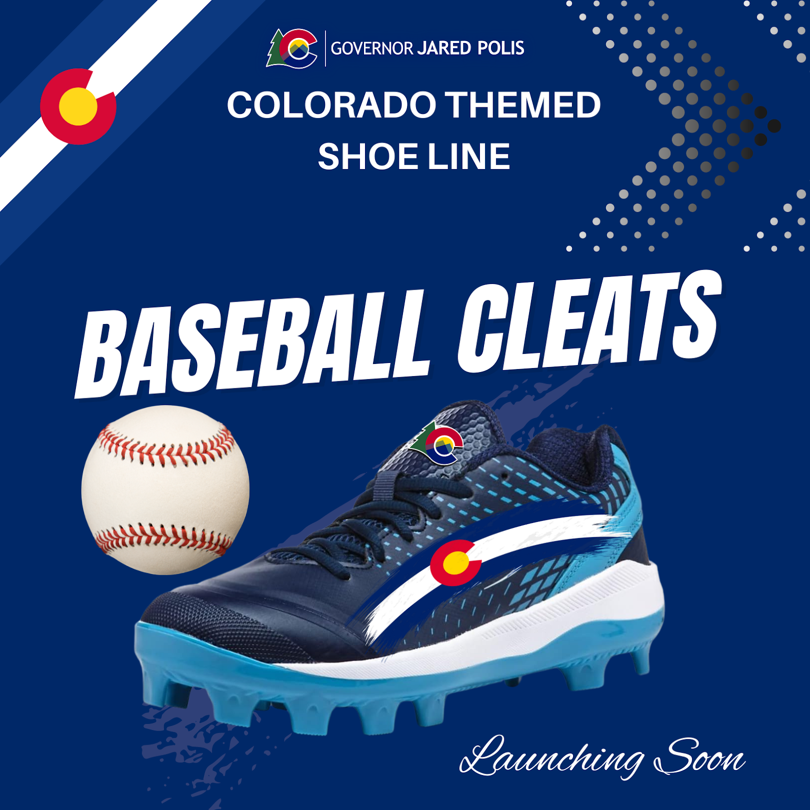 Colorado-themed shoe line. Blue Baseball cleats with white color accents and Colorado logo
