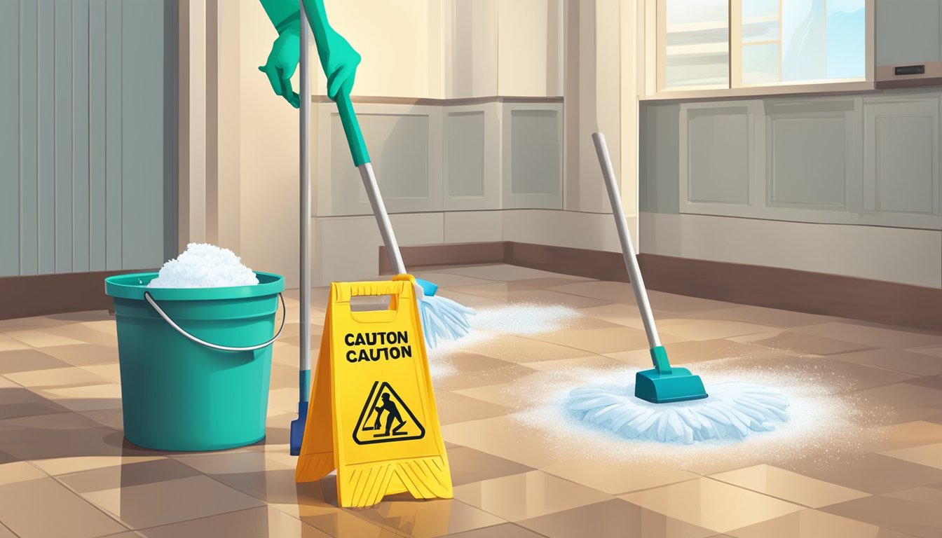 Una persona che indossa guanti di gomma e usa uno spazzolone per pulire un pavimento in vinile con un secchio di acqua saponata e un cartello di attenzione nelle vicinanze