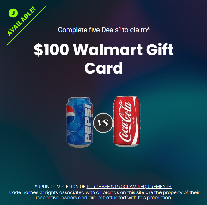 A Pepsi vs Coca Cola poll on the Rewards Giant website and an offer to earn a $100 gift card by completing 5 rewards. 