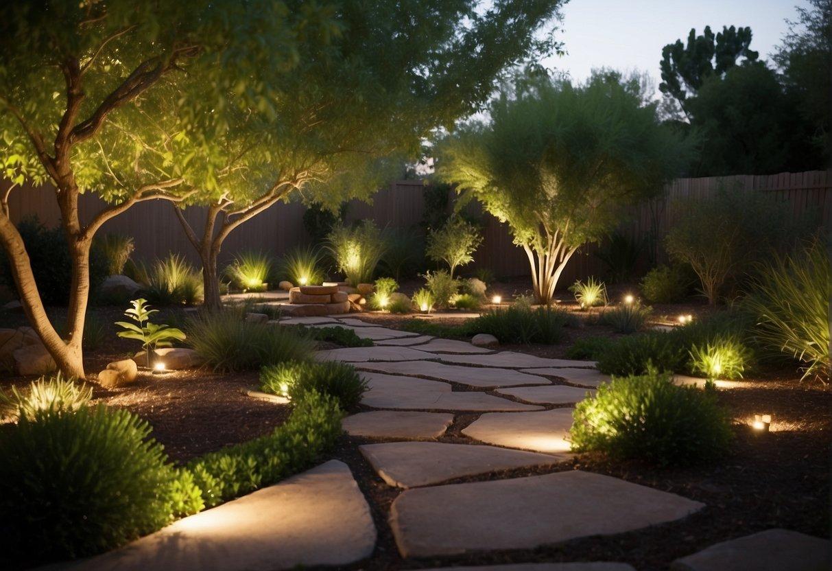 A backyard with lush greenery and a well-manicured garden, featuring strategically placed Phoenix landscape lighting to illuminate the pathways and highlight the natural beauty of the landscape