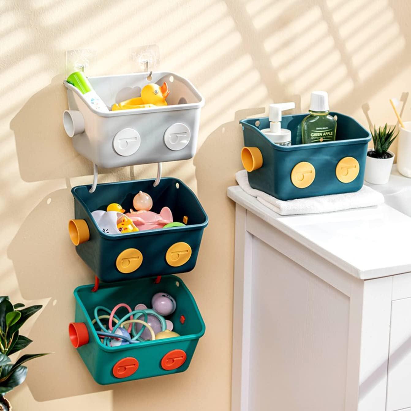 A group of plastic bins with toys and other objects on the wall

Description automatically generated