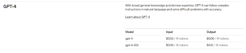 ChatGPT GPT4のAPI料金表