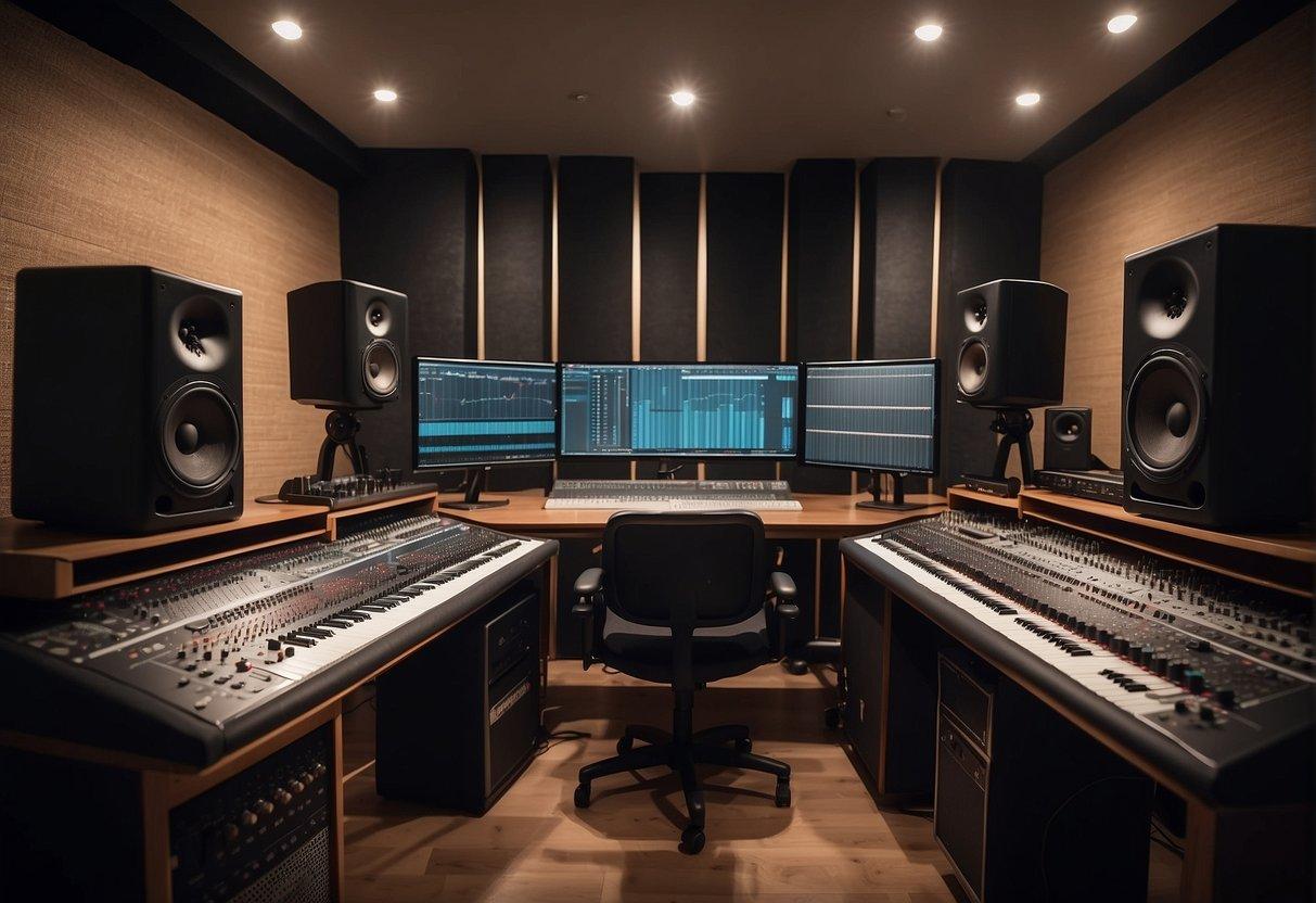 A studio with soundproofing panels, diffusers, and bass traps arranged strategically for optimal acoustic treatment. Recording equipment and microphones set up