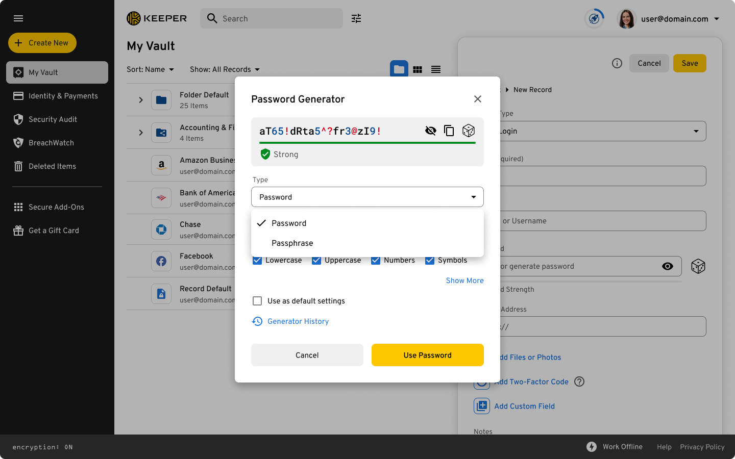 Image showing Keeper's Password Generator plus how to switch to the passphrase option.