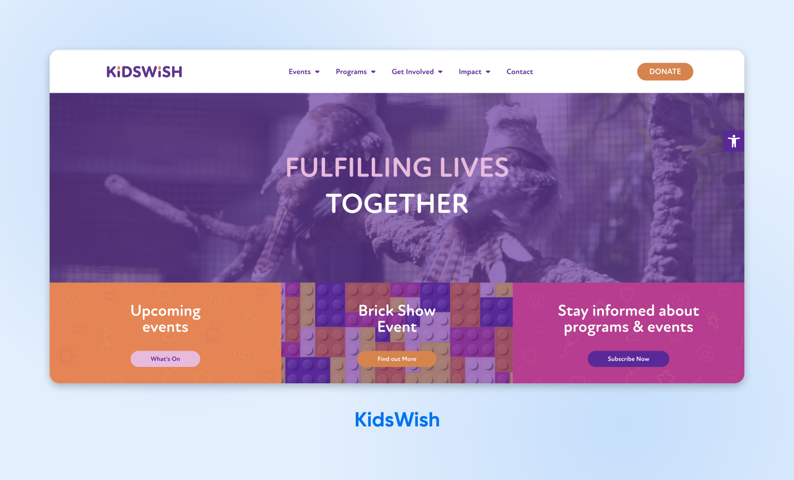 Captura de pantalla de la página de inicio de KidsWish con colores brillantes y llamativos y texto grande fácil de leer y su eslogan al frente y al centro.