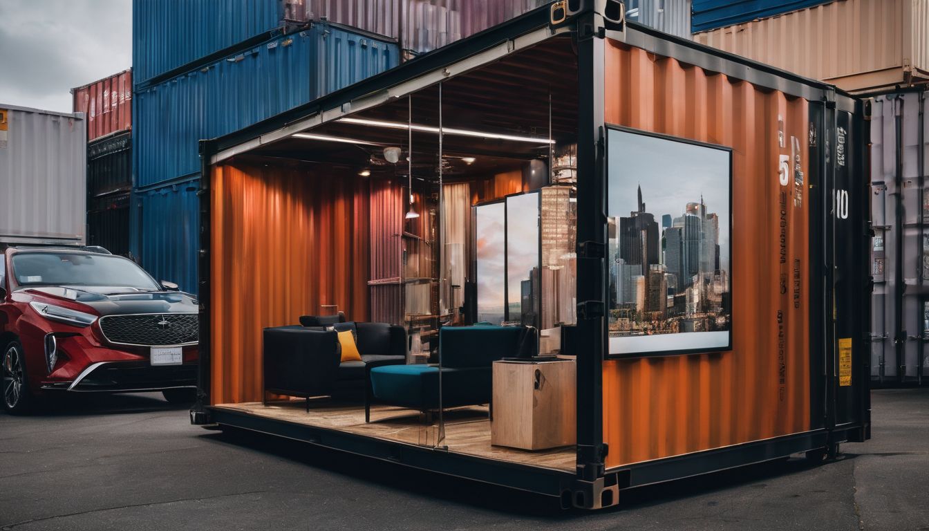 A trade show booth being transported in a shipping container.