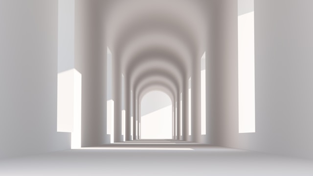 A minimalistic digital rendering of a long hallway with white arches creating a repetitive pattern, illuminated by soft, natural light, designed