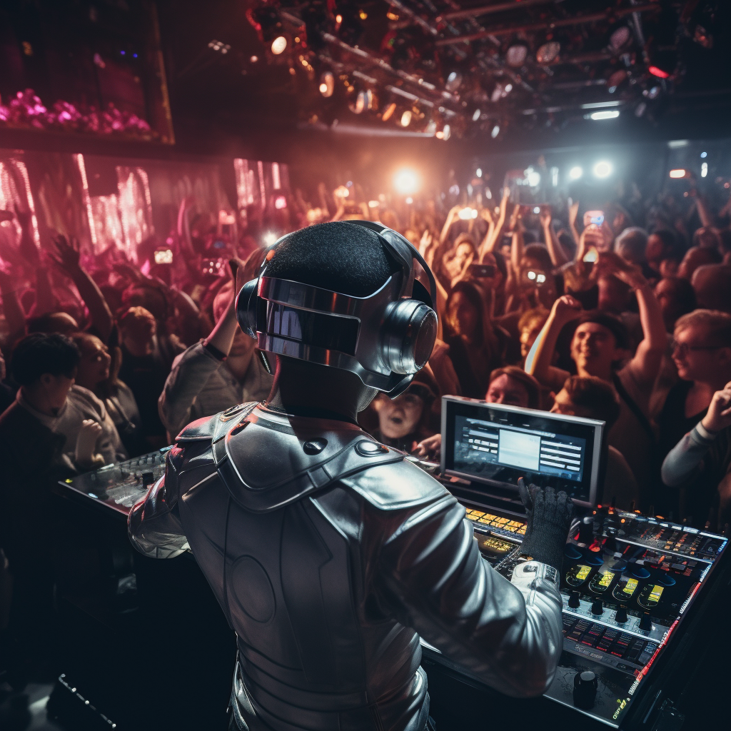 An AI-based robot mixing music in a nightclub for a crowd of people. 