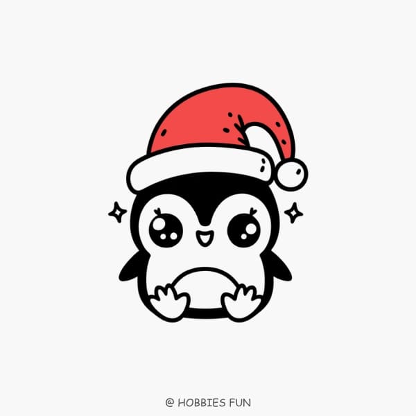 Easy penguin drawing cute, Penguin in a Santa Hat