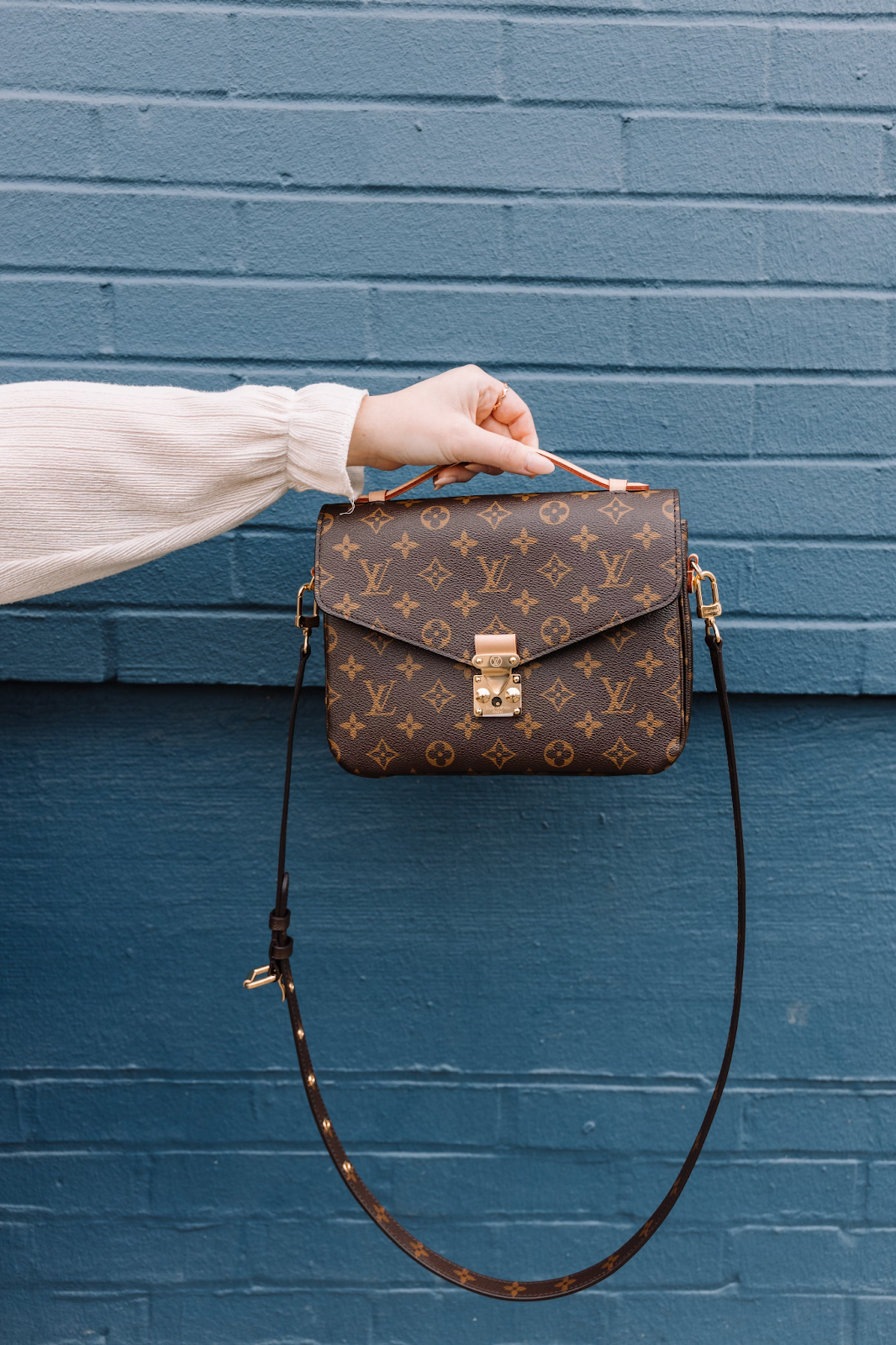A woman's hand holding a Louis Vuitton purse.