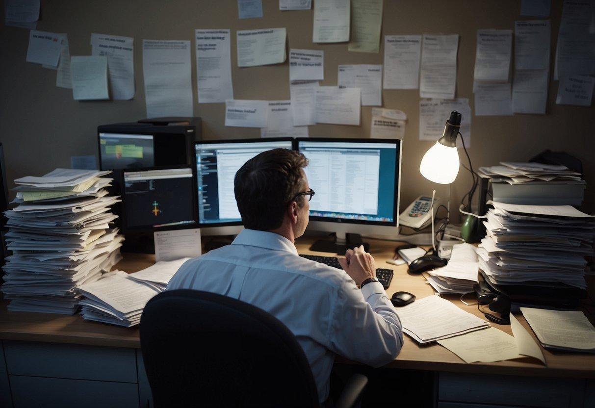 A cluttered desk with piles of paperwork, a computer screen displaying error messages, and a frustrated employee on the phone