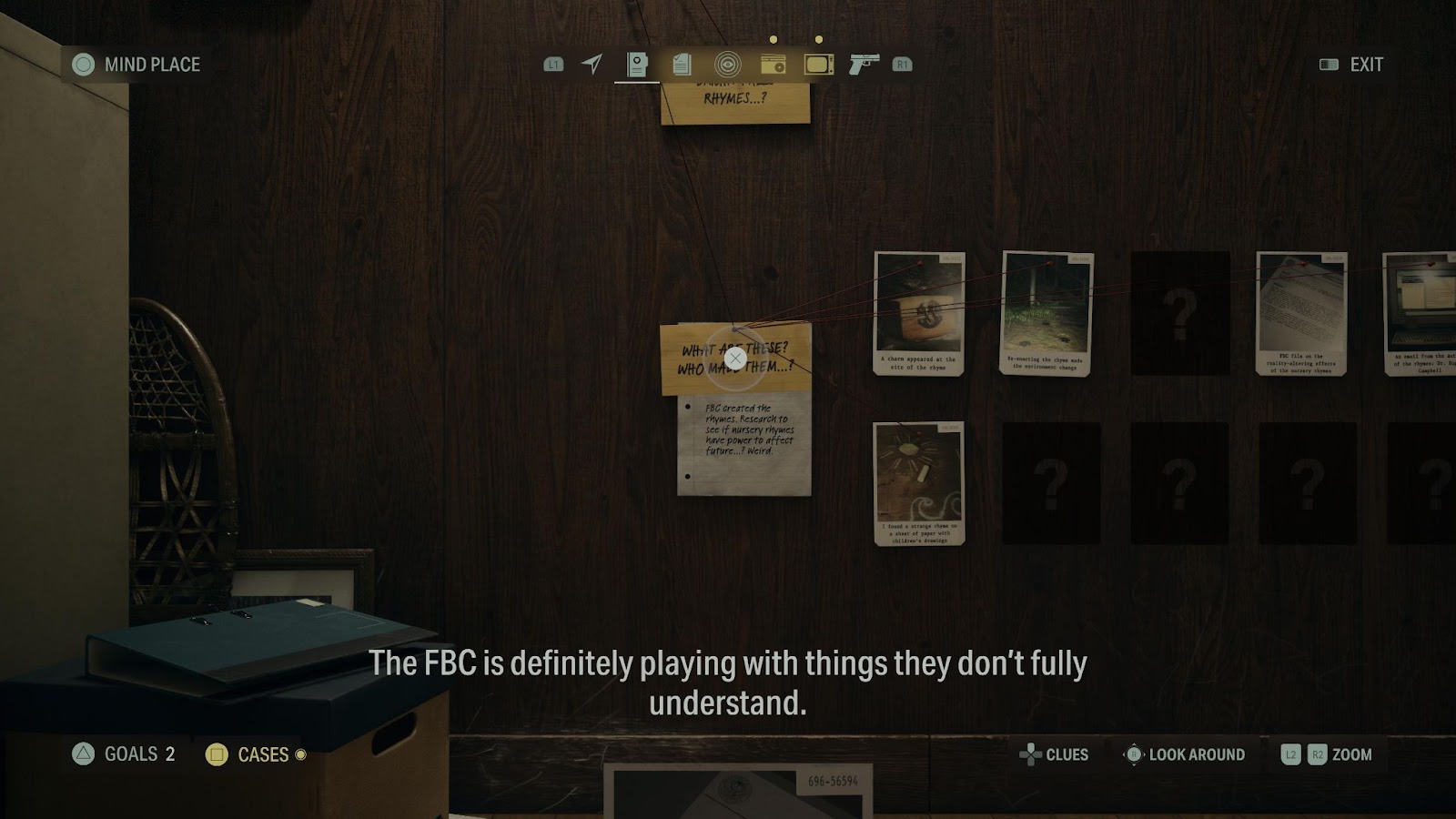 An in game screenshot of the Saga's Case Board in Alan Wake II. 