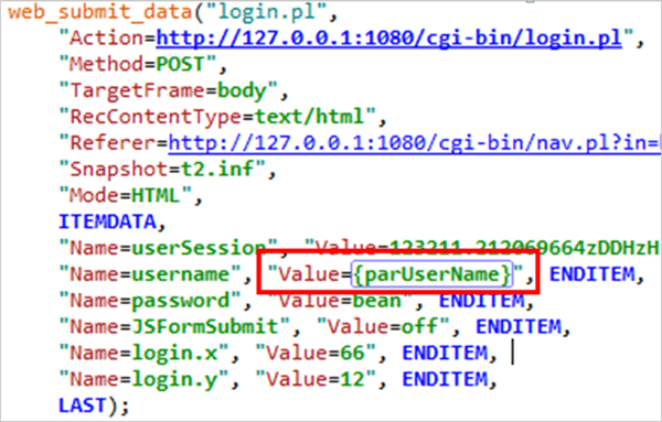 4.VuGen will replace all occurrences of username value with the parameter as shown
