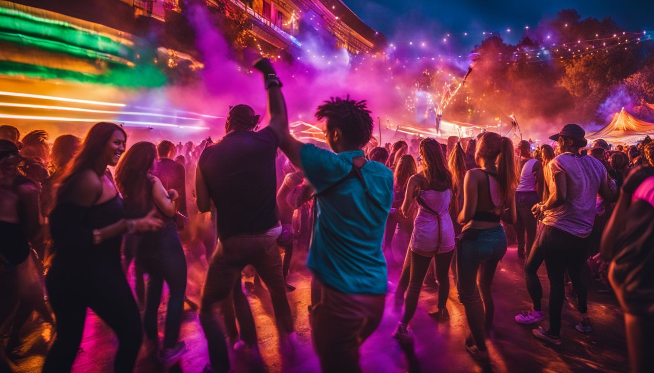 A lively crowd dancing at a festival under colorful lights.