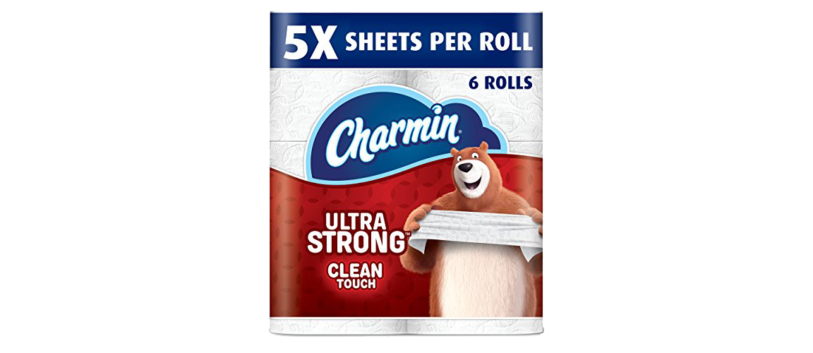 A package of CHARMIN ULTRA STRONG CLEAN TOUCH toilet paper and there's art of one of the TP bears proudly holding a stretched-out length of TP 