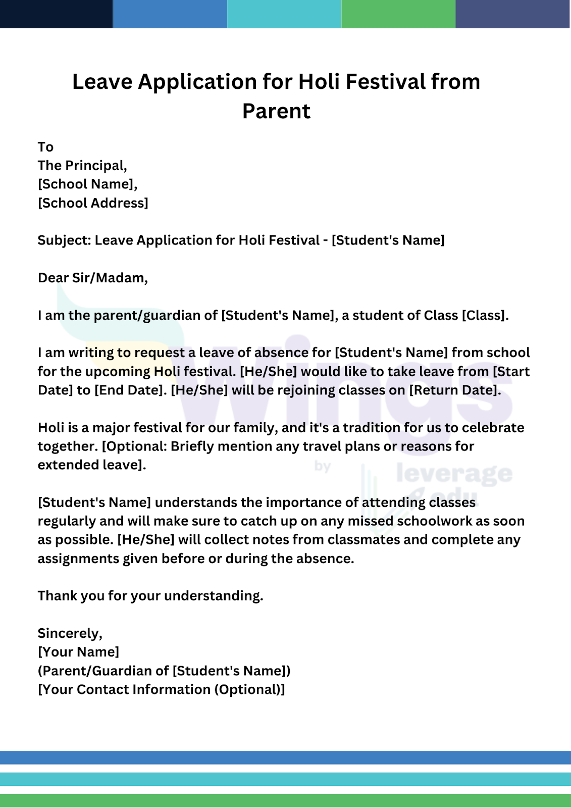 Leave Application for Holi Festival from a Parent of a Student

