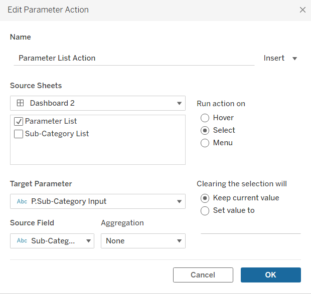 Multiple select parameters in Tableau - setting up dashboard parameter actions