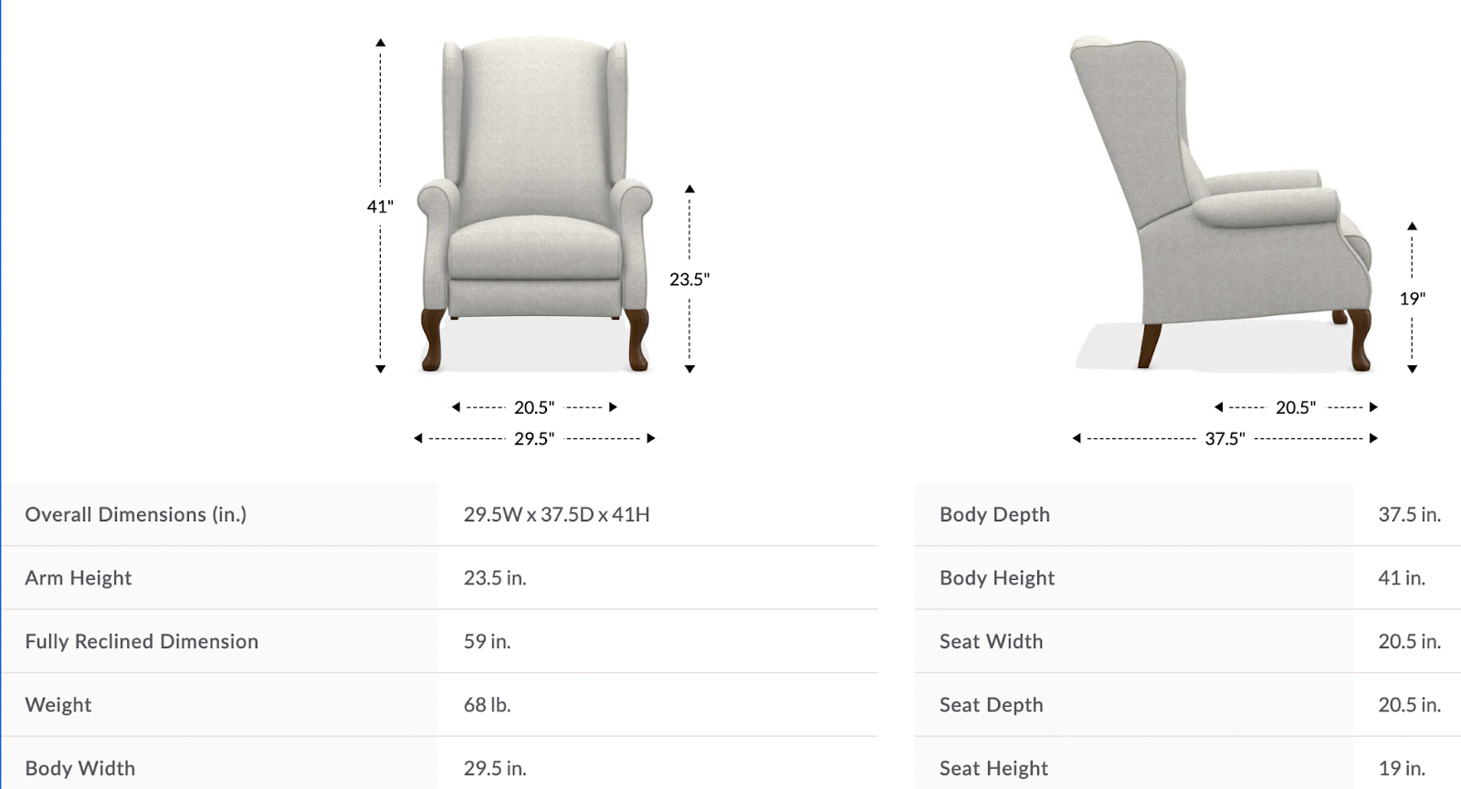 kimberly high leg reclining chair dimensions