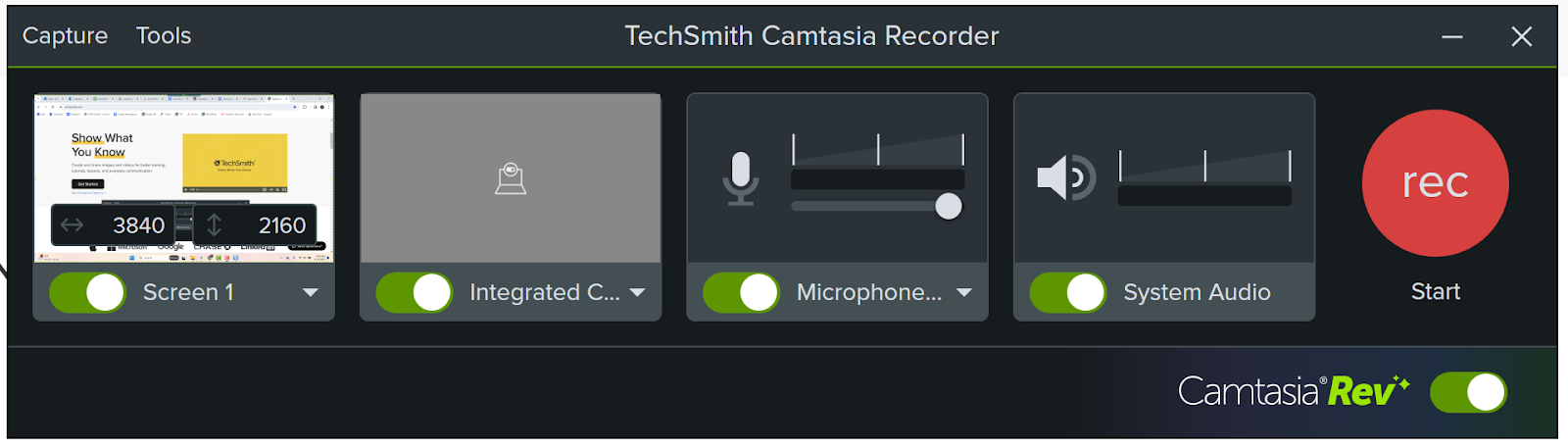 TechSmith's Camtasia screen recorder menu with options.
