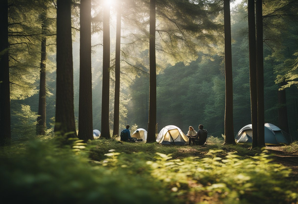 A serene forest with diverse wildlife and hikers practicing Leave No Trace principles while camping